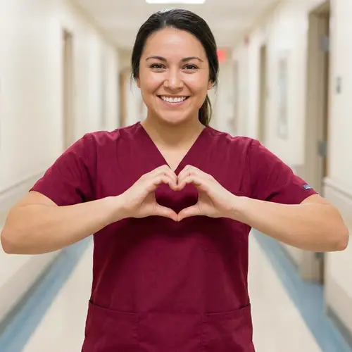 Smiling Nurse in Red Scrubs Making a Heart Gesture