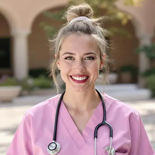 Smiling Nurse Headshot in Pink Scrubs