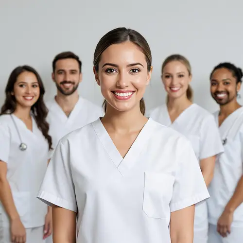 Female Nurse Smiling in White Scrubs | Social Media Image