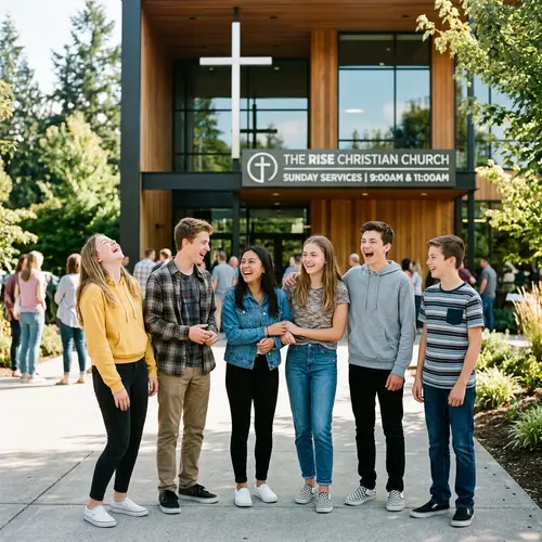 Teenagers Laughing in Front of Modern Christian Church