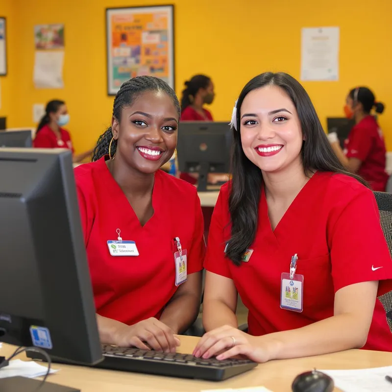 Cheerful Nurses in Red Scrubs at Work