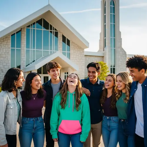 Teenagers Laughing in Front of Modern Christian Church