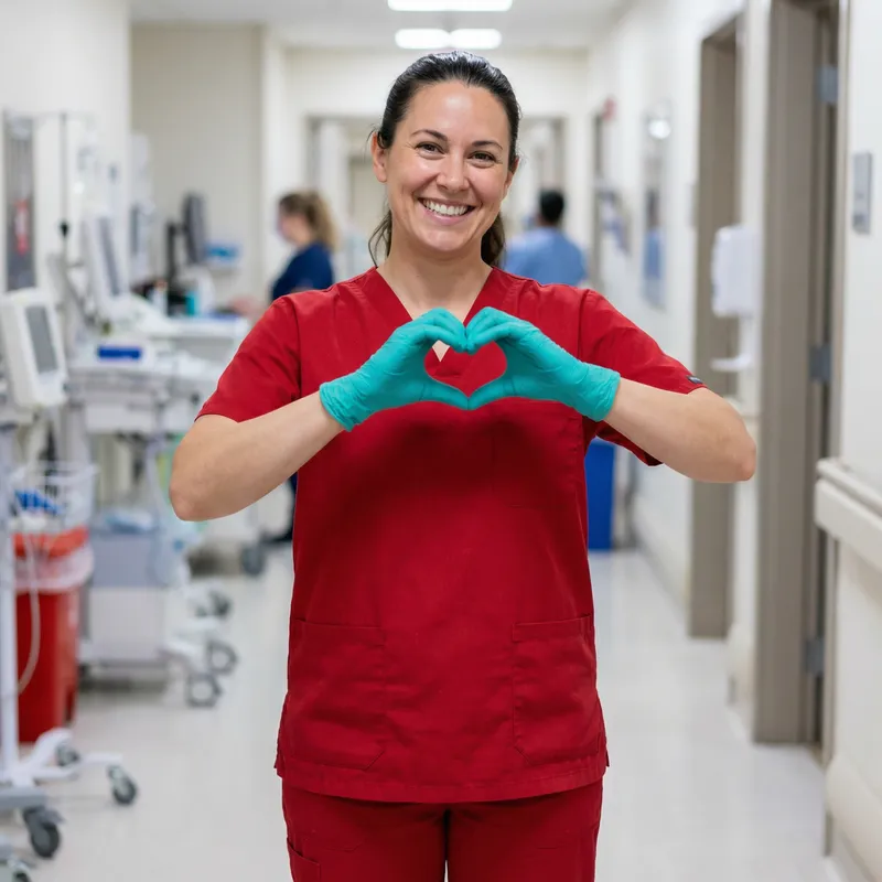 Nurse in Red Scrubs with Heart Sign