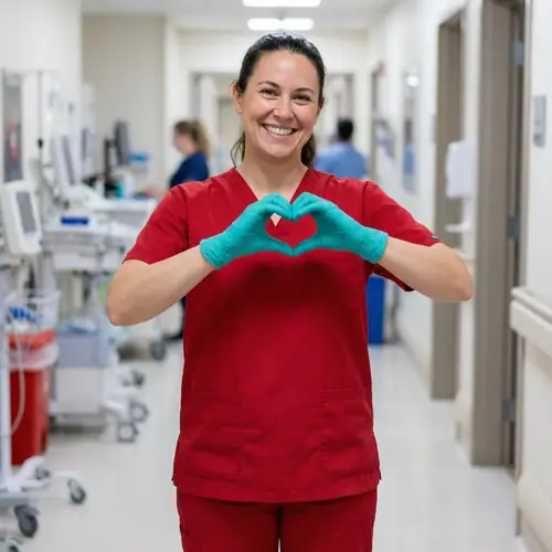 Nurse in Red Scrubs with Heart Sign