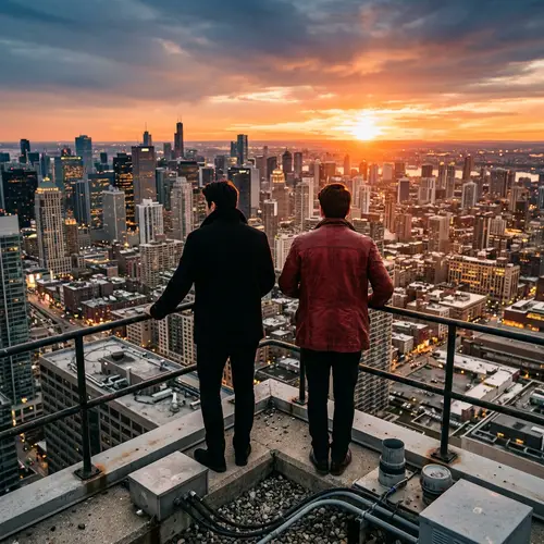 Cityscape Doppelgangers on High-rise Rooftop at Sunset