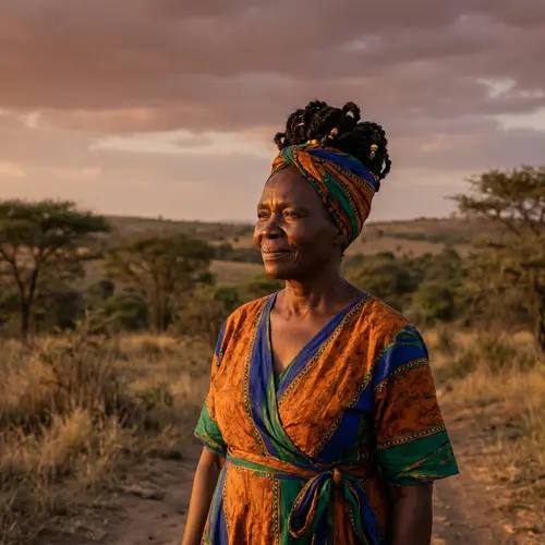 Elegant African Woman in Vibrant Traditional Attire at Sunset
