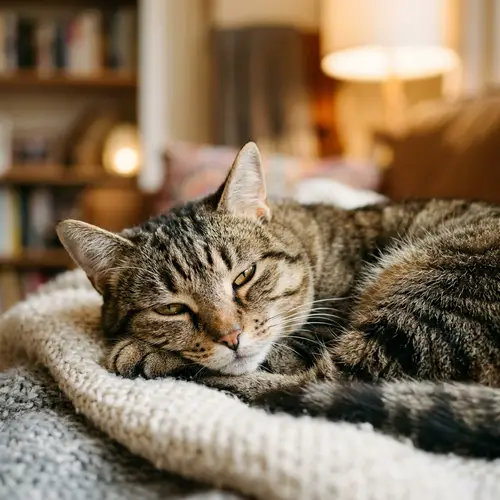 Furry Domestic Cat with Yellow Eyes | Cozy Room Setting