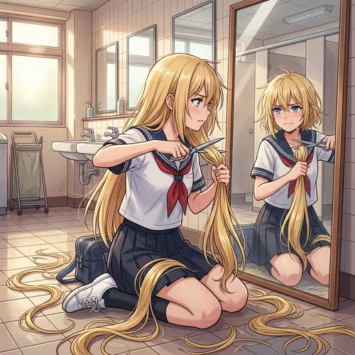 Anime Girl Cutting Long Blonde Hair - Transform Your Look