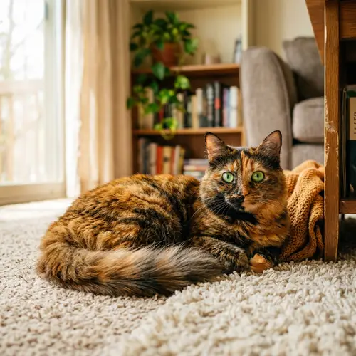 Vibrant Tortoiseshell Cat in Cozy Indoor Setting