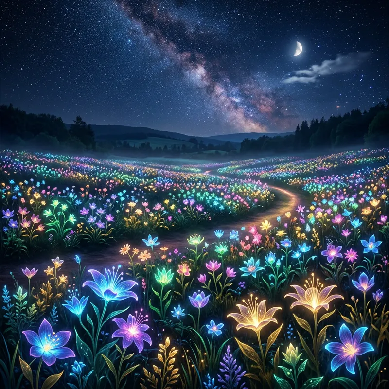 Glowing Magic Flowers in a Field at Night Glowing Magic Flowers in a Field at Night
