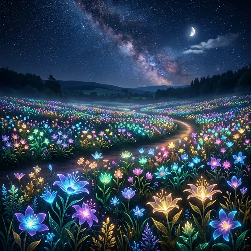 Glowing Magic Flowers in a Field at Night