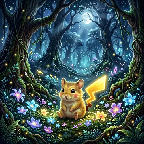 Pikachu in a Magical Forest with Glowing Flowers