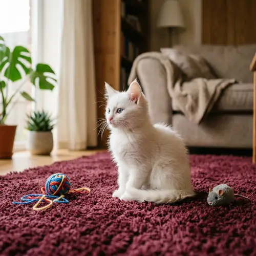 Adorable White Kitten on Burgundy Rug | Playful & Cute