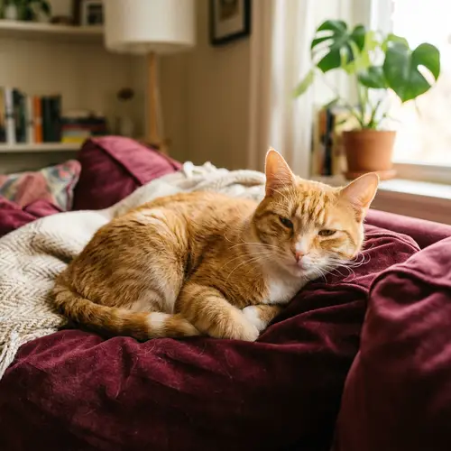 Serene Cat on Plush Burgundy Couch - Relaxing Feline Image