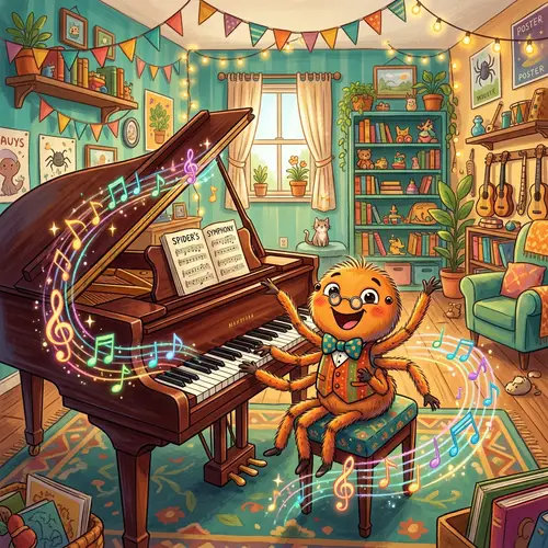 Whimsical Spider Playing Grand Piano in Lively Room