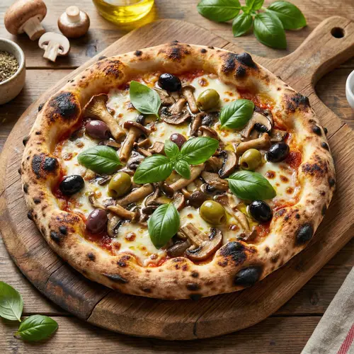 Delicious Mushroom, Olive & Basil Pizza