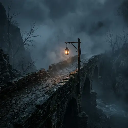 Mysterious Foggy Bridge Illuminated by Lantern Light