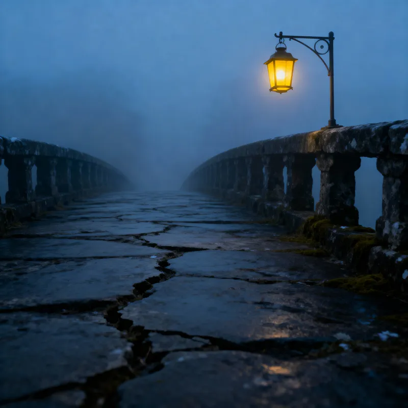Mysterious Foggy Bridge Illuminated by Lantern Light