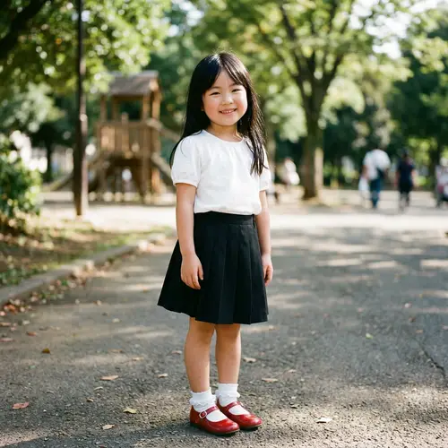 Realistic 8-Year-Old Asian Girl in White and Black Outfit Smiling Outdoors