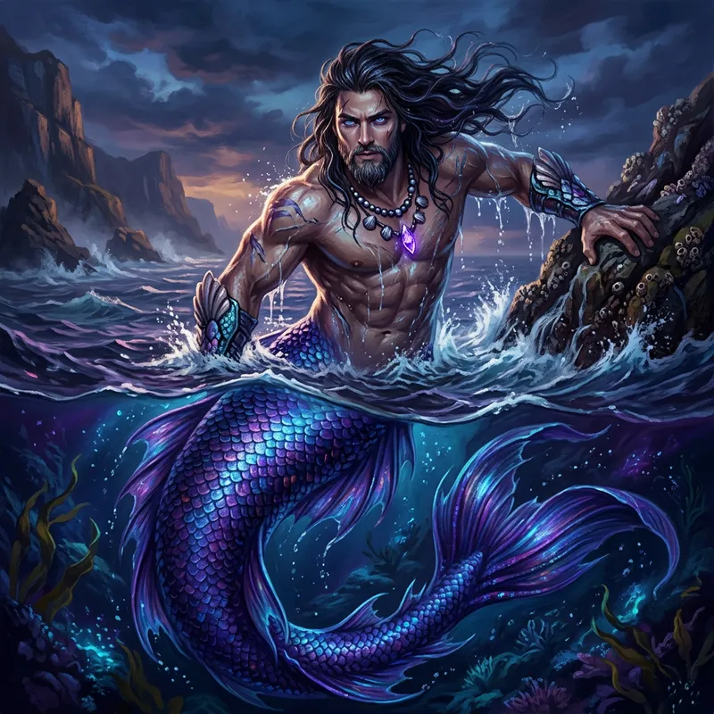 Mysterious Male Mermaid Emerges - Ocean Fantasy Art