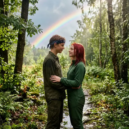 Serene Forest Scene with Boy and Girl under Rainbow