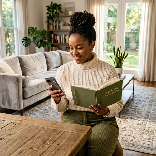 Black Woman Setting Alarm & Journal in Stylish Home