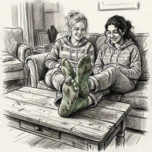 Relaxed Teenage Girls and Their Worn Green Socks