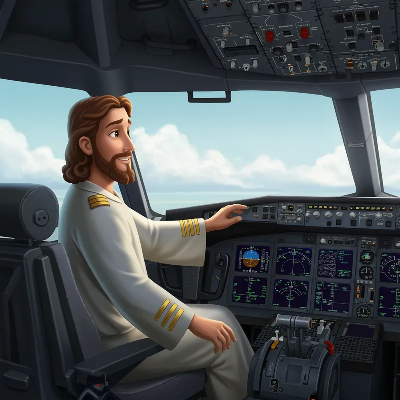 Animated Jesús as Airplane Pilot