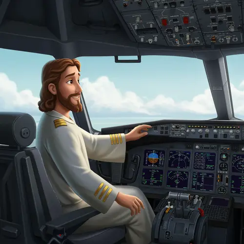 Animated Jesús as Airplane Pilot