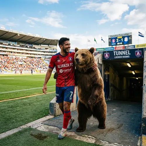 Hispanic Male Soccer Player and Brown Bear in Joyful Friendship