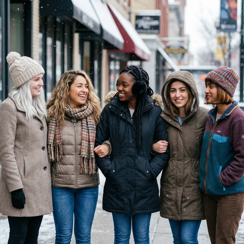 Five Women Showcasing Winter Hair Colors: White, Brown, Black, Short Brown-Red