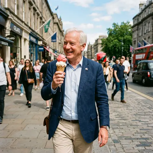 Mature Politician Enjoying Double Scoop Ice Cream on City Street