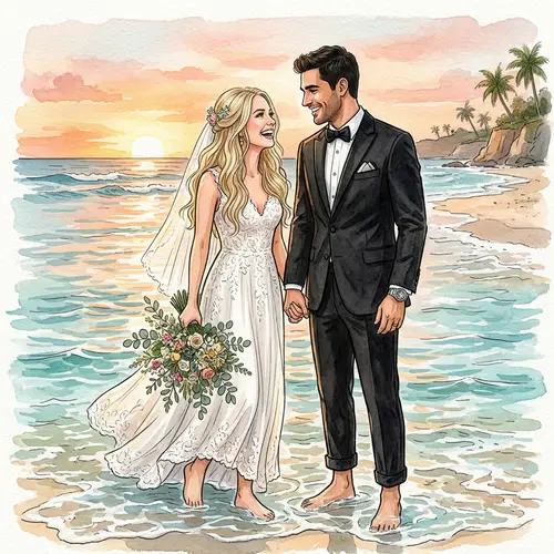 Charming Newlywed Illustration at the Beach