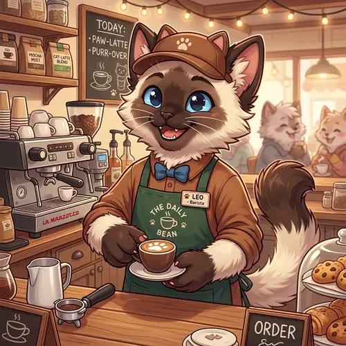Cute Siamese Cat in Barista Outfit Art