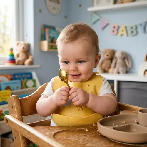 Adorable Baby Boy in High Chair | Cute Blue-Eyed Toddler with Yellow Bib