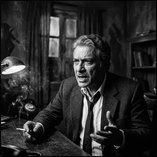 Vintage Bollywood Noir Actor: Intense Monologue in Dimly Lit Room