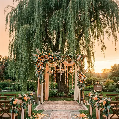 Warm Orange-Peach Wedding Arch Design Under Willow Tree