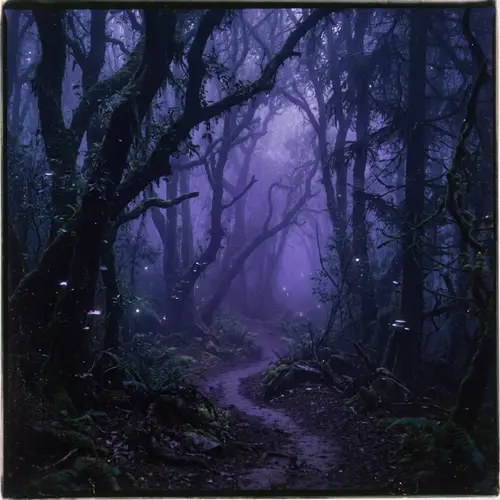 Ethereal Foggy Forest in Deep Purples and Dark Blues