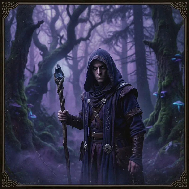 Enigmatic Figure in Mystical Forest Art | Nostalgic Fantasy Scene Enigmatic Figure in Mystical Forest Art | Nostalgic Fantasy Scene