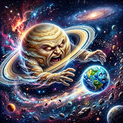 Saturn Chases Earth in a Whimsical Cosmic Scene