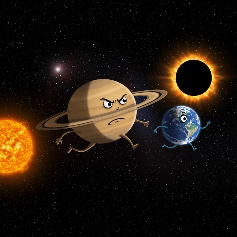 Saturn Chases Earth in a Whimsical Cosmic Scene