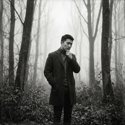 Asian Man in Moody Foggy Forest | Vintage Monochrome Scene