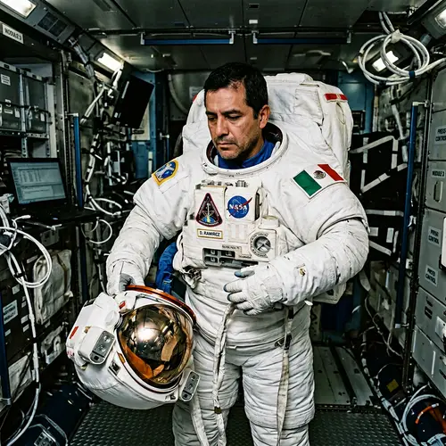 Sad Hispanic Astronaut Putting on Space Suit - Emotional Scene