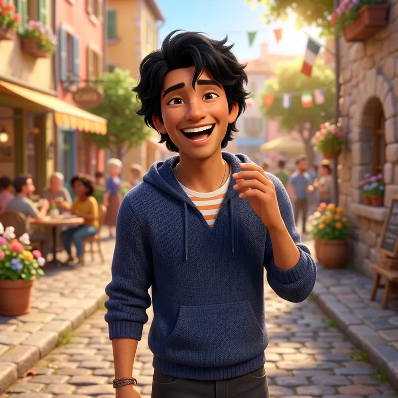 Joyful Pixar-Style Young Man with Black Hair