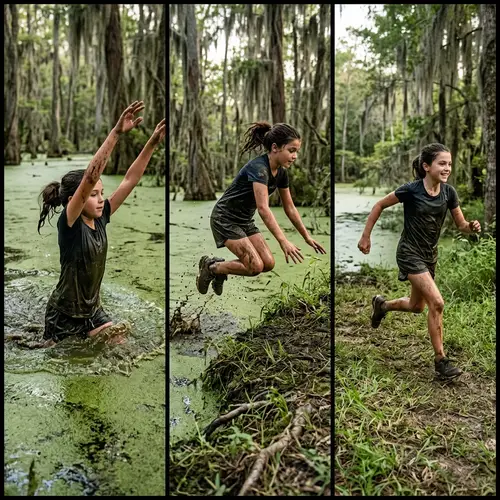Athletic Girl Escaping Green Swamp | Adventure Story