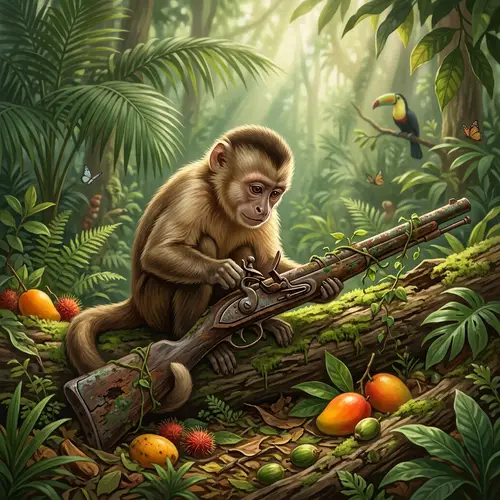Intelligent Monkey Exploring Obsolete Musket in Enchanted Forest