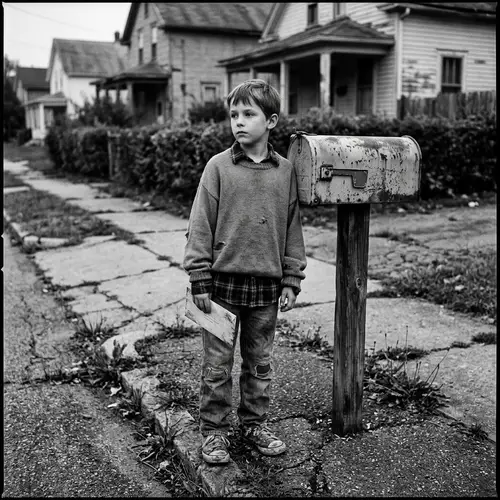 Urban Decay: Vintage Scene of Young Boy and Mailbox