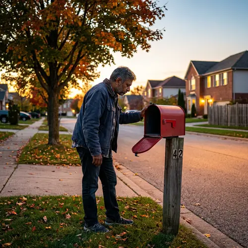 Despondent South Asian Man at Vacant Red Mailbox in Suburban Setting