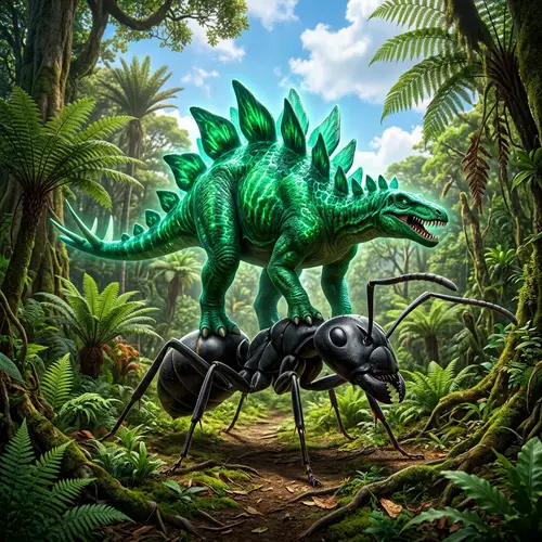 Intriguing Scene: Dinosaur Balanced on Oversized Ant