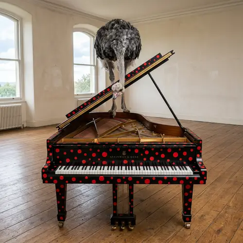 Red Polka Dot Grand Piano with Ostrich - Curious Encounter